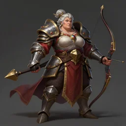 ultra realistic illustration, full body shot of old fat female knight with bow in heroic pose, rich contrast of colors, league of legends artwork