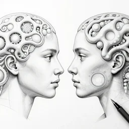 symmetry! portrait of face to face humans scientific intelligence meet, mooc, organic and intricate, elegant, highly detailed, concept art, smooth lines, sharp focus, lineart, illustration, shadows, penned with thin rotring pen on white, 8 k