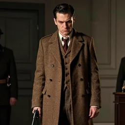 Photograph of a man with a stern look dressed in brown tweed long coat. He has a gun in his hand and seems mentally unstable. 4K, dramatic lighting