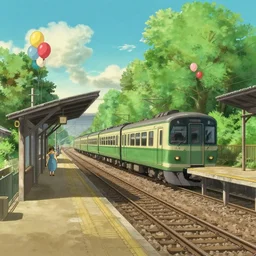 a beautiful matte painting of a train station, summer, rail, trees, sunshine, balloons, 4 k wallpaper, very detailed, by hayao miyazaki ghibli studio
