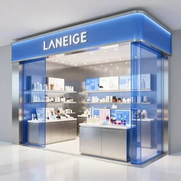 flower retail shop made of cosmetic flagship store, stainless steel and blue color glass, laneige cosmetic store