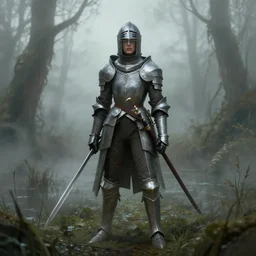 a female knight in a foggy swamp in the style of seb mckinnon