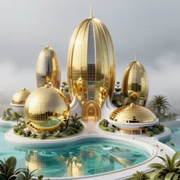 highly detailed futuristic architecture by richard rogers, reflective lighting, stylized vegetation, golden domes, ground - level view, puddles of turquoise water, foggy atmosphere, stunning sunny lighting, sunrise, vivid colors, in the style of pixar animation, trending on artstation, 8 k, matte painting, ray tracing, hyper detailed, unreal engine 5, cinematic, epic lighting, cryengine, octane render, cyberpunk, red and orange glow, vibrant