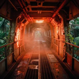 Film still of a brightly lit bridge on a space ship, metal, floor grills, ventilation shafts, dusty, orange and red lighting, burning fire, water dripping, puddles, wet floor, rust, decay, green vines, overgrown, tropical, Cinestill colour cinematography, anamorphic