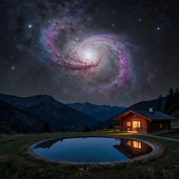 a beautiful astrophotography image of orion nebula by hubble in the sky and a night time landscape with mountains, reflecting pool, wooden chalet, lpoty, award winning, apod