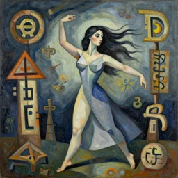 woman dances amongst the ancient symbols as the wind howls all around, abstract surrealistic art in the style of cubism and georgia o keefe