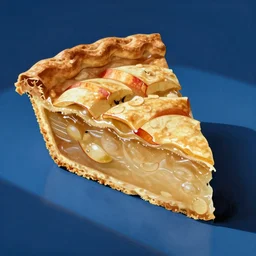 a thick slice of apple pie floating on a blue background, chesley bonestell, vincent di fate