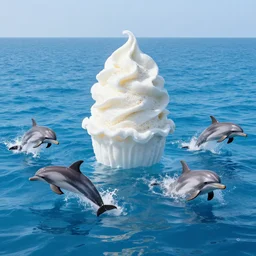 a vast ocean made out of ice cream. Dolphins are jumping in and out of the water