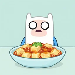 mapo tofu, hyperpop aesthetics on the background, minimal, nice color scheme, as an adventure time cartoon!, horizontal plane