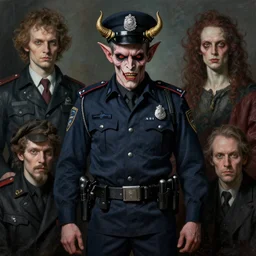 grotesque policeman demon, by rutkowski and giuseppe arcimboldo, james jean and erik jones and rhads, ultradetailed, photorealistic details, full frame, trending artstation