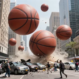news photo of giant basketballs from the sky in new york city, crushed cars, running pedestrians, detailed 4 k photo