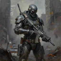 grim oil painting of weaponized high technology battlefield in nyc, magali villeneuve, trending on artstation