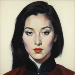 hyperrealism close - up portrait of a beautiful european woman, ivory background, in traditional chinese art style, pop art, by roy liechtestein, by andy warhol, canvas, acrylic paint, dark and dull palette