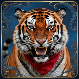 close up portrait of anthropomorphic tiger, growling, strong and ferocious, red tattered bandana by artgerm, cushart krenz, greg rutkowski, mucha. art nouveau. gloomhaven, swirly liquid ripples, blue tones, vibrant colors, sharp edges. ultra clear detailed. 8 k. elegant, intricate, octane render