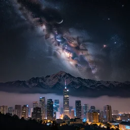 a beautiful double exposure of a deep field astrophotography image by hubble in the sky, and a night time landscape with towering mountains above a cyberpunk city, skyscrapers, aircraft, mist, crescent moon, snow, lpoty, award winning, apod, low noise, detailed, sharp