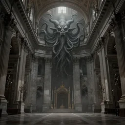 vast halls within the vatican, monolithic, baroque, cthulhu, grim dark, film noir, stippled light, dramatic lighting, fog, editorial illustration, detailed, fine texture, matte painting, concept art, artstation
