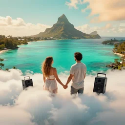 a beautiful couple holding their hands on a cloud high above emerald lagoon of Sint-Marteen with a speaker with visible music coming from, mattepainting concept Blizzard, teal and orange tone, beautiful and breathtaking