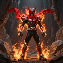 Demonic Samurai Kamen Rider with a red scarf made of fire billowing behind him and skull brass knuckles standing in a rock quarry, full body single character, League of Legends Character Splash Art, high quality, 4k, concept art, illustration, rubber suit, Arcane style