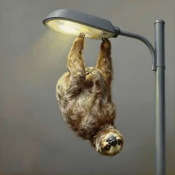 a sloth hanging upside down from a modern street light, detailed painting, epic lighting, by ilya repin, phil hale and kent williams