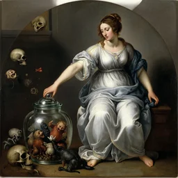 a painting of pandora opening her jar, releasing critters that impersonate sickness and death by artemisia gentileschi, there is only one person on the image, she is dressed modestly