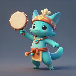 3 d rendered digital painting icon of cyan spirit axie pet dances holding shaman tambourine like shaman, in a fantasy mmo, art by samwise