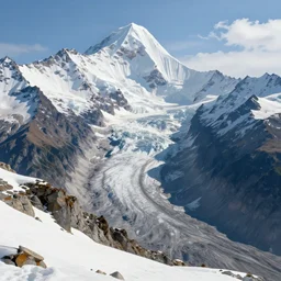 epic mountain view, monumental mountains, glacier, snow, digital painting, realistic render, 4k, 8k, photography, unreal engine