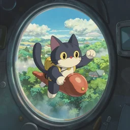 space cat piloting in cabin, by makoto shinkai, greg rutkowski, artstation, high detailed, cgsociety,