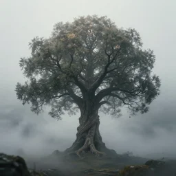 mystical tree of life, fog, particles, 4 k, uhd, fantasy, ancient, digital art