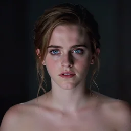 emma watson without pupils, her eyes are glowing, dark room