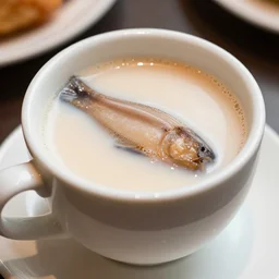 an anchovy floating in a white porcelain cup of milk tea, macro restaurant photo