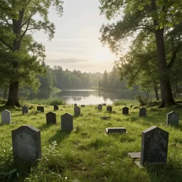 a beautiful photorealistic rendering of cemetery abandoned nature urbex by adolf loos, lake wilderness landscape meadow morning sun magic realism, archdaily, wallpaper, highly detailed, trending on artstation.