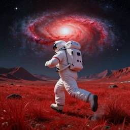 a astronaut running in a mountainous alien planet with red grass and a giant red galaxy appearing in the sky at night, digital art, concept art, trending on DeviantArt, highly detailed, high quality, 8K, cinematic lighting
