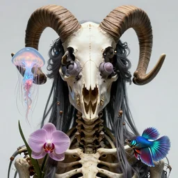 goddess close - up portrait real human skeleton, ram skull, jellyfish, orchid, betta fish, bioluminiscent, intricate artwork by tooth wu and wlop and beeple. octane render, trending on artstation, greg rutkowski very coherent symmetrical artwork. cinematic, hyper realism, high detail, octane render, 8 k