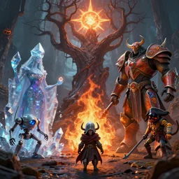 by par olofsson and wayne barlowe, visually stunning, cinematic, ultra realistic, hyper realism, 1 2 k, epic, octane render, unreal engine, vfx, maya, tiny knight of evil, crystalline oracle, spiritspeaker azun, felfire potion, the halloween tree, holy nova, microbot, sunfury protector, patches the pirate