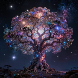 Cosmic tree of life, trees, Tree in a galaxy made of stars, space, nebulas stars Dmt Psychedelic cosmos, cosmic, Hallucination, night sky; 8k, artstation, unreal engine, octane render, hdr, surrealistic, hyperrealism, glow, photorealistic, volumetric lighting, Dreamy, dynamic, mystical