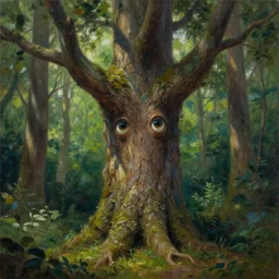 a talking tree, a face in the bark, big eyes, in the forest, fantasy concept art, oil painting, whide shot, hyperrealistic, highly detailed, artstation, cgsociety