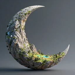 a photorealistic mountain that is in the shape of a crescent moon, on the inside of the crescent there are numerous areas each with a unique theme and environment, highly detailed, digital art, 3d, 4k