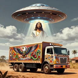 UFO hovering over an African Jesus , clouds, in the style of Nigerian truck art (Eagle & Snake, Kano),