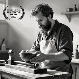 bearded man turns bowl using woodlathe, vector art, monochromatic