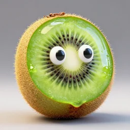 a funny sculpture of a squashed human kiwi fruit head with a transparent head made out of frait, fruit juice, funny face, water art, vibrant, in the style of mike campau, cg render, ray tracing, 8 k resolution, sharp