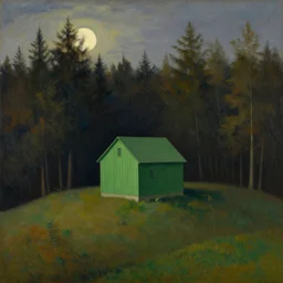 painting of one small green house on a hill, with a forest behind it and the moon setting, by maxfield parrish, by rene magritte