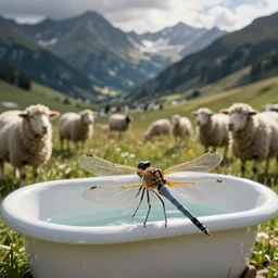 dragonfly in a bathtub in the alps, sheep!!! in background