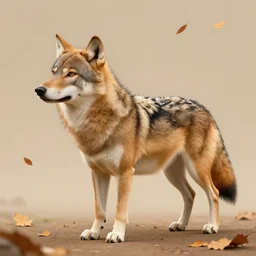 professional stylized full - body digital art of a side profile of a tibetan wolf, tan and brown fur, fluffy, falling leaves, hd, 8 k, highly detailed, high quality, cute