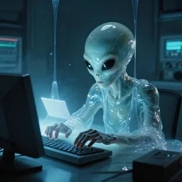 alien using a computer to check her email submerged in translucent goo, over the shoulder perspective, in 1 9 8 5, y 2 k cybercore, industrial low - light photography, still from a kiyoshi kurosawa movie