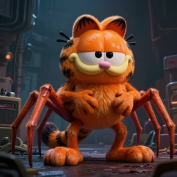 a giant evil garfield with spider legs, lovecraftian horror by jim davis, highly detailed, cinematic lighting, octane render, unreal engine lumen, very coherent. cinematic, hyper realism, high detail, octane render, 8 k