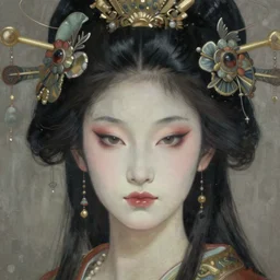 portrait of a beautiful japanese goddess, unusual beauty, esoteric, muted colors, head in focus, fantasy art, ornamental aesthetics intricate, elegant, highly detailed, hyperrealistic painting, artstation, concept art, painterly, sharp focus, illustration, art by chie yoshii