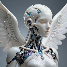 ai biomech, ethereal ultralight i robot female skull mechanism, quantum physics, angelic and unsettling, wires, veins, ferrofluid, bismuth, style blend of hideo kojima, shepard fairey, and botticelli, city backdrop is a blend of the vatican, neo - andean architecture and brutalism, 4 k photorealistic, ultra fine inklines