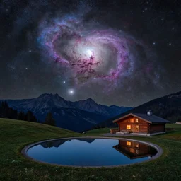 a beautiful astrophotography image of nebula by hubble in the sky and a night time landscape with mountains, reflecting pool, wooden chalet, lpoty, award winning, apod