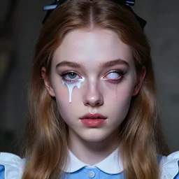 lazy eye melting hyper realistic photograph of pretty girl, lighting alice in wonderland, dj sura face, artgerm, kuvshinov