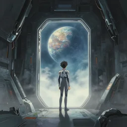interior of futuristic craft, mechanical, sci - fi walls, light fog, guy in a cyber - suit looking out the door at a giant planet, anime style of studio trigger, by makoto shinkai, studio ghibli, miyazaki, artstation,
